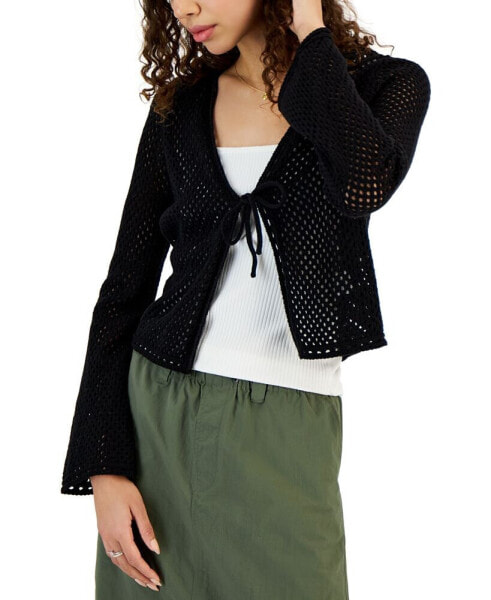 Juniors' Pointelle Tie-Front Cardigan