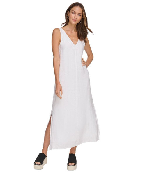 Платье макси с V-образным вырезом из льна DKNY