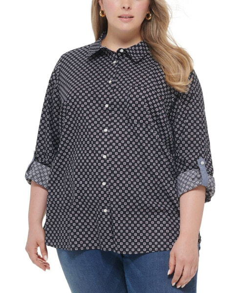 Plus Size Cotton Printed Utility Shirt