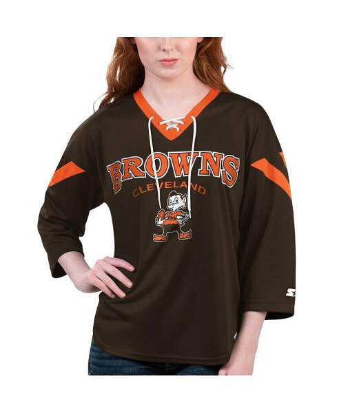 Women's Brown Cleveland Browns Rally Lace-Up 3/4 Sleeve T-shirt