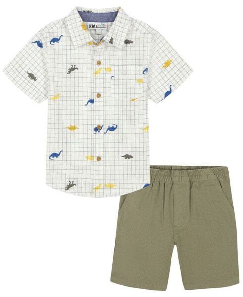 Little Boys Short Sleeve Printed Check Slub Button Front and Twill Shorts, 2 Piece Set