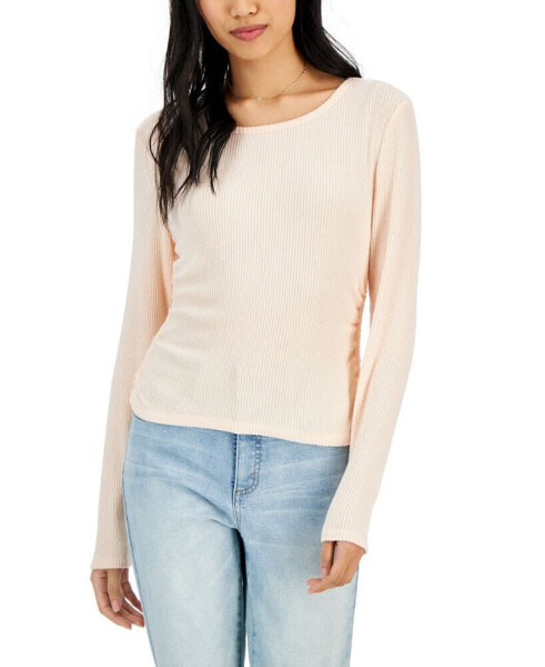 Juniors' Soft Ribbed Side-Ruched Long-Sleeve Top