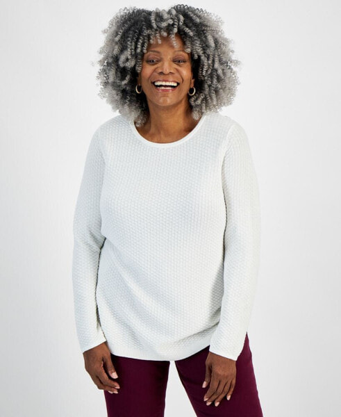 Plus Size Cotton Textured Curved-Hem Sweater, Created for Macy's