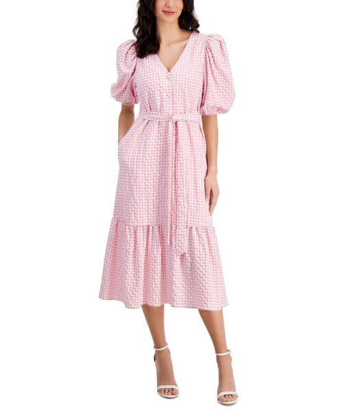 Women's Gingham Check V-Neck Tie-Waist Midi Dress