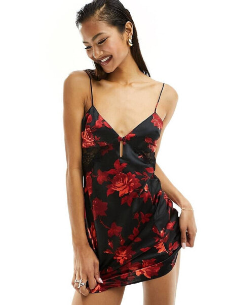 ASOS DESIGN satin lace insert keyhole mini dress in black and red floral print