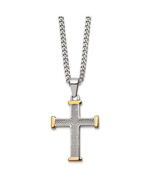 Chisel polished Yellow IP-plated Cross Pendant Curb Chain Necklace