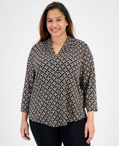 Plus Size V-Neck 3/4-Sleeve Top, Created for Macy's