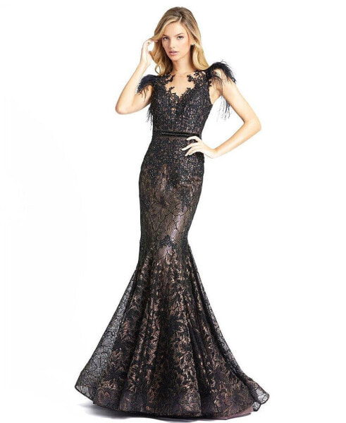Women's Women's Embellished Feather Cap Sleeve Illusion Neck Trumpet Gown