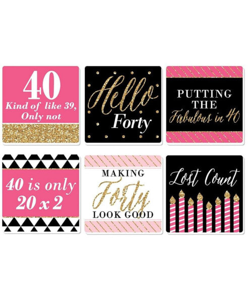 Chic 40th Birthday - Pink, Black & Gold - Party Decor - Drink Coasters Set of 6