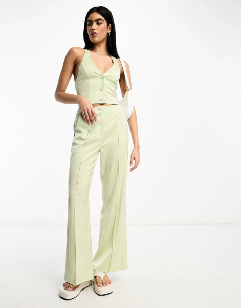 Miss Selfridge co-ord high waist straight leg trousers in green satin