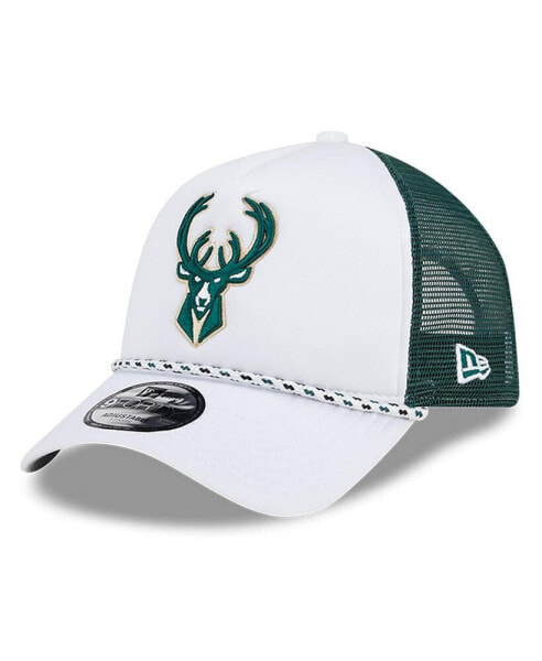 Men's White/Hunter Green Milwaukee Bucks Court Sport Foam A-Frame 9FORTY Adjustable Trucker Hat