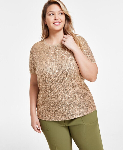 Plus Size Sequin-Embellished Short-Sleeve Top