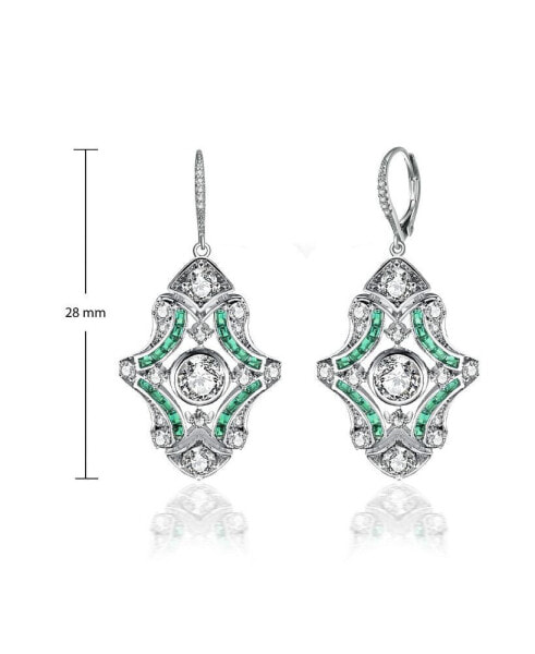 White Gold Plated with Emerald & Cubic Zirconia Art Deco Lever Back Earrings in Sterling Silver