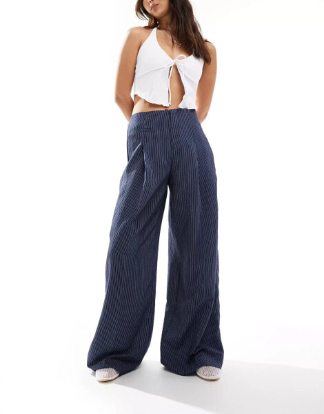 Bershka high waisted wide leg tailored trousers in blue stripe