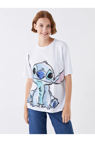 Bisiklet Yaka Lilo & Stitch Baskılı Kısa Kollu Oversize Kadın Tişört