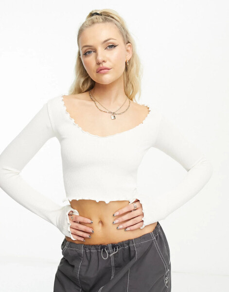 Stradivarius STR seamless wide neck top with lettuce hem in ecru