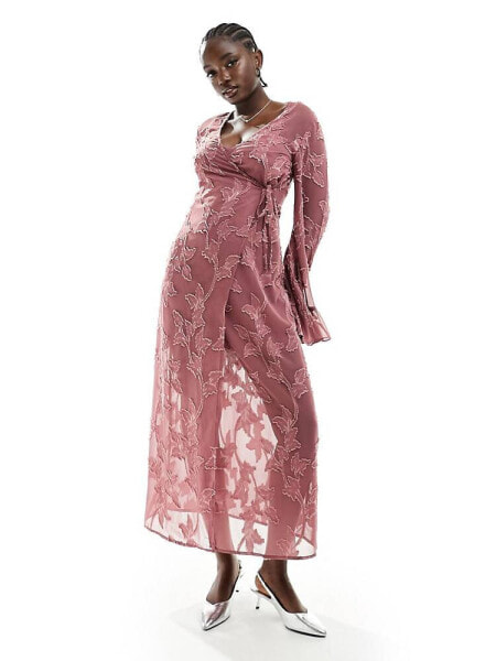 ASOS DESIGN burnout floral wrap midi dress with flared sleeves in dark rose