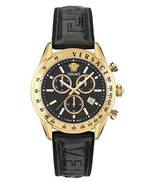 Men's Swiss Chronograph Black Leather Strap Watch 44mm