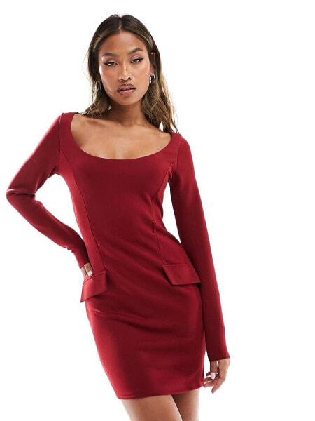 ASOS DESIGN long sleeve super scoop neck mini dress with pockets in burgundy