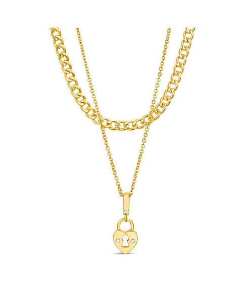 Rhinestone Double Layered Heart Lock Necklace Set