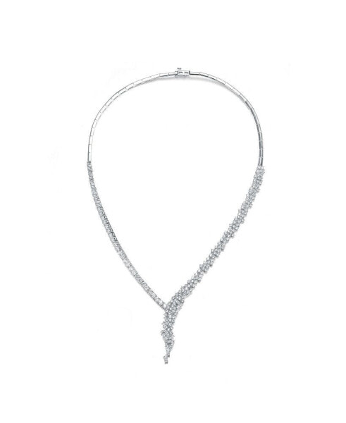 Sterling Silver White Gold Plated with Clear Round Cubic Zirconia Cluster Necklace