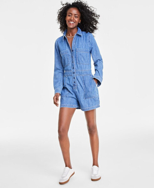 Women's Denim Long-Sleeve Utility Romper, Created for Macy's