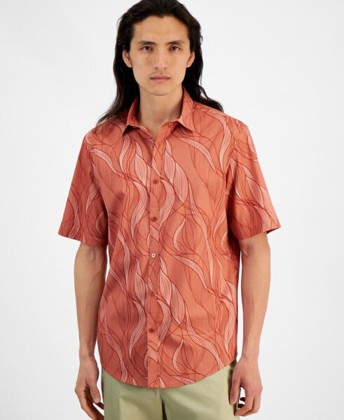 Men's Regular-Fit Stretch Abstract Wave-Print Button-Down Poplin Shirt, Created for Macy's
