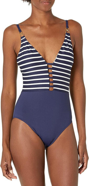 La Blanca 281078 Women's Plunge Mio One Piece, Indigo/Capri Stripe, 14