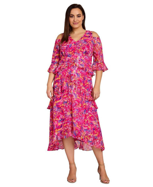 Plus Size Printed Cold-Shoulder Tiered Ruffled Maxi Dress