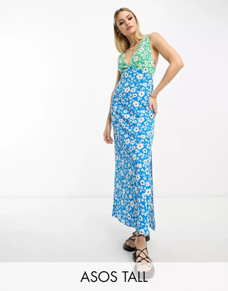 ASOS DESIGN Tall – Midi-Trägerkleid mit Rückenausschnitt und Print-Mix