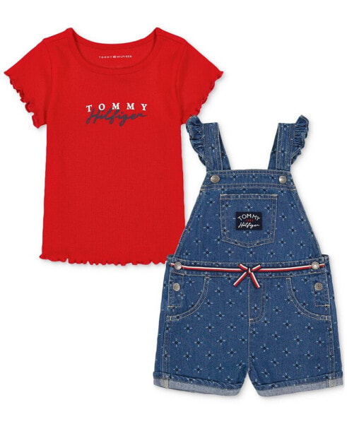 Little Girls Ribbed Logo T-Shirt & Printed Denim Shortall, 2 Piece Set