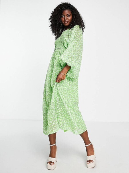 Miss Selfridge metallic chiffon shirred volume sleeve midaxi dress in green ditsy 