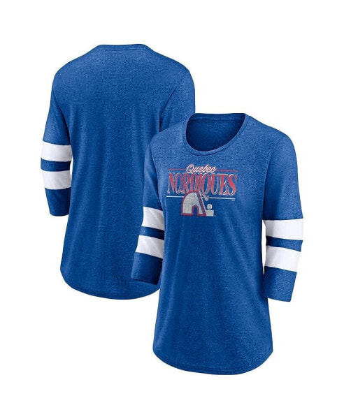 Women's Heathered Royal, White Quebec Nordiques Full Shield 3/4 Sleeve Tri-Blend Raglan Scoop Neck T-shirt