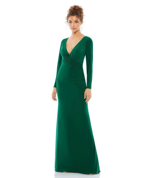 Women's Ieena Long Sleeve Ruched Jersey V-Neck Gown