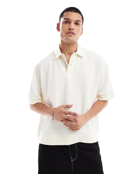 ASOS DESIGN oversized boxy textured polo in cream