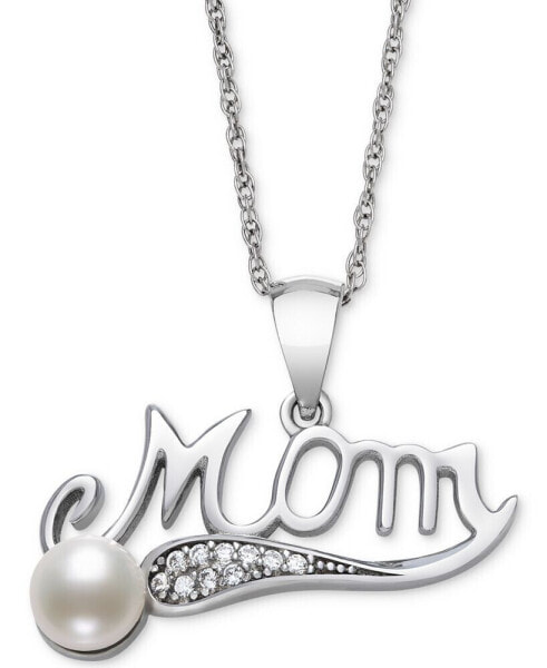 Cultured Freshwater Button Pearl (5mm) & Cubic Zirconia Mom 18" Pendant Necklace in Sterling Silver