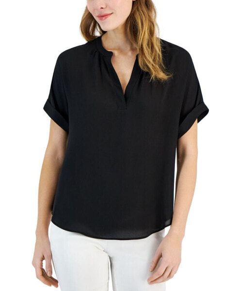 Women's Split-Neck Rolled-Cuff Top