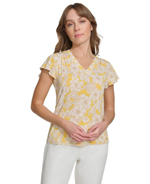 Women's Floral-Print Flutter-Sleeve Shirred-Shoulder V-Neck Top