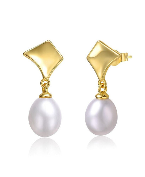 Sterling Silver 14k Yellow Gold with White Freshwater Pearl Drop Geometric Shield Retro Dangle Earrings