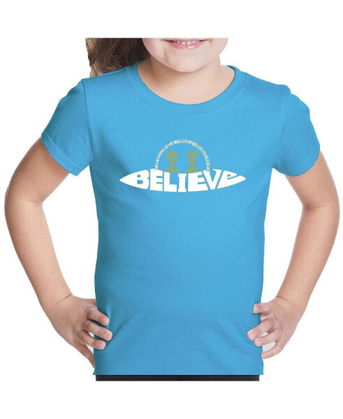 Believe UFO - Girl's Child Word Art T-Shirt