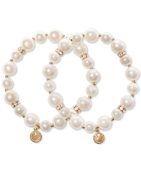 Gold-Tone 2-Pc. Set Pavé Rondelle & Imitation Pearl Beaded Stretch Bracelets, Created for Macy's