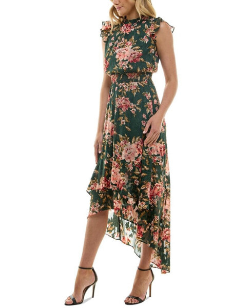 Juniors' Floral-Print Smocked-Waist High-Low Hem Dress