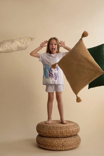 Kız Çocuk Unicorn Baskılı Pamuklu Kısa Kollu Şort Pijama Takım