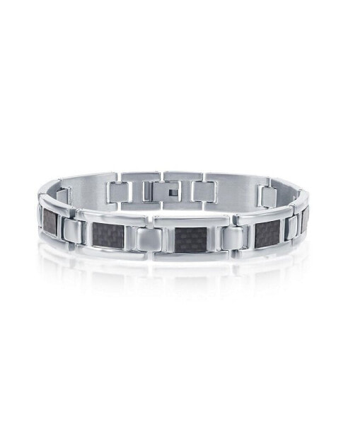 Men's Stainless Steel Black Carbon Fiber Link Bracelet