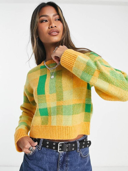 Only cropped jumper in yellow & green check