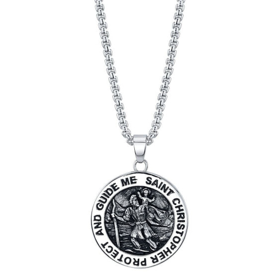 "Saint Christopher" Coin Pendant Necklace in Stainless Steel, 24" Chain