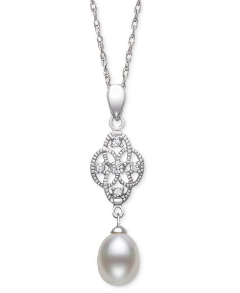 Cultured Freshwater Pearl (7-8mm) & Lab-Created White Sapphire (1/10 ct. t.w.) Double Drop 18" Pendant Necklace in Sterling Silver