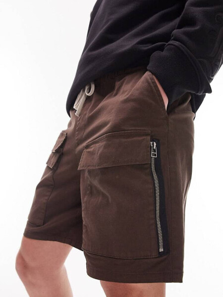 Topman zip double cargo pocket short in brown