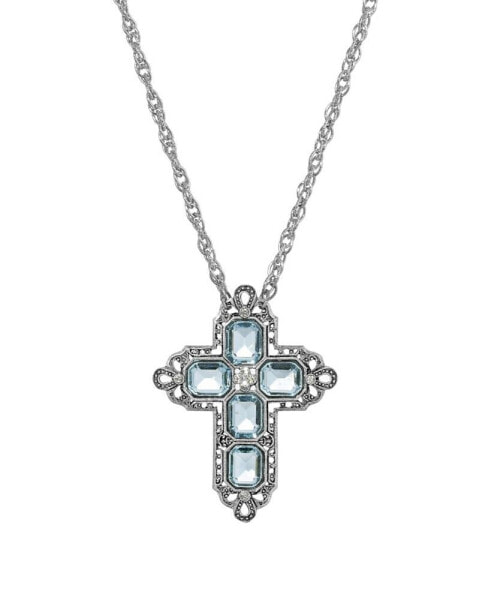 Women's Pewter Rectangle Light Blue Crystal Cross Chain Necklace