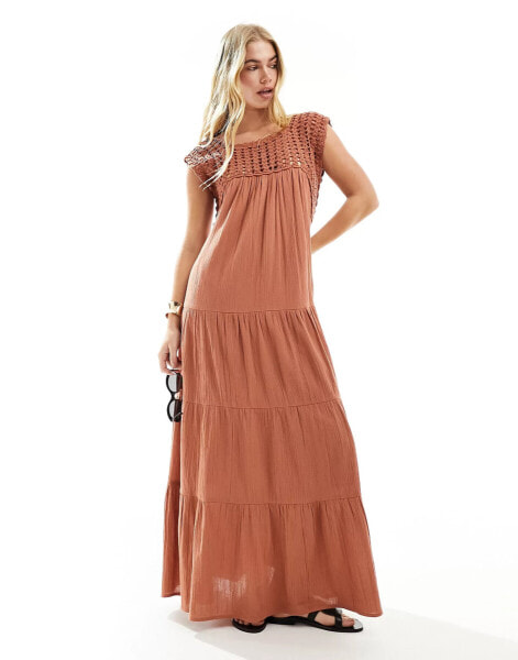 ASOS DESIGN crochet swing tiered maxi dress in rust